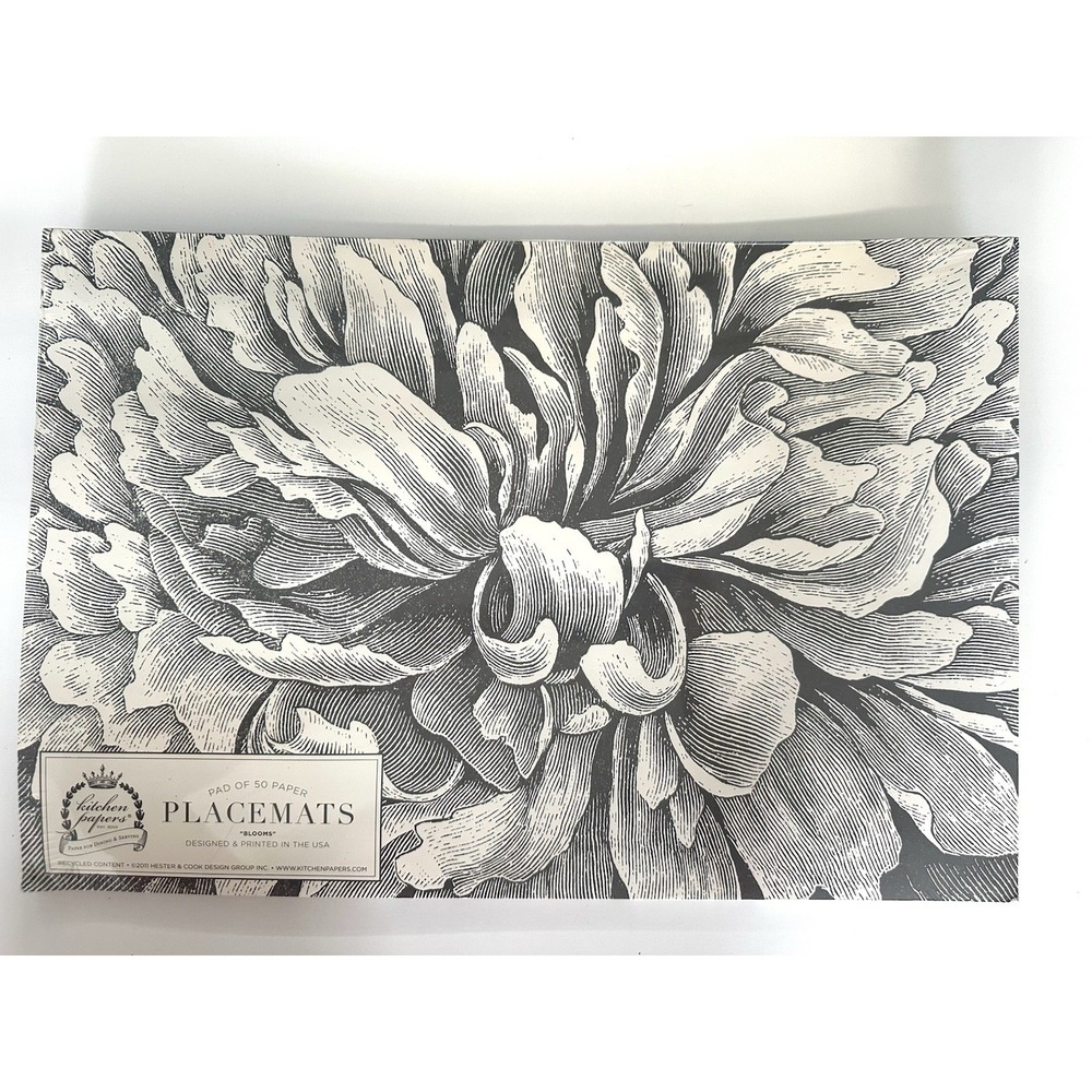 Hester & Cook Paper Placemats Pad Of 50 Black & Off White Peony Disposable 12x18
